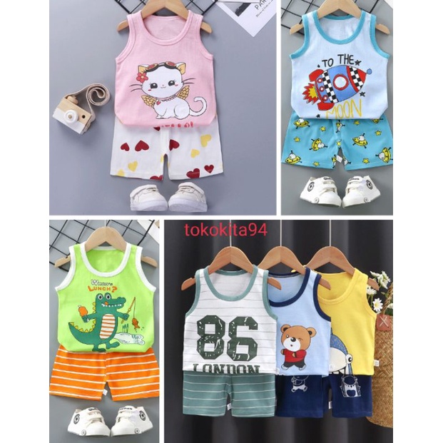 Setelan Singlet Anak  Import Laki Perempuan Motif Kartun - 1Set Singlet Anak Usia 6 Bulan sampai 4 Tahun - Setelan Anak Atas Bawah Korean Style Bahan Adem - Setelan Baju Anak Import