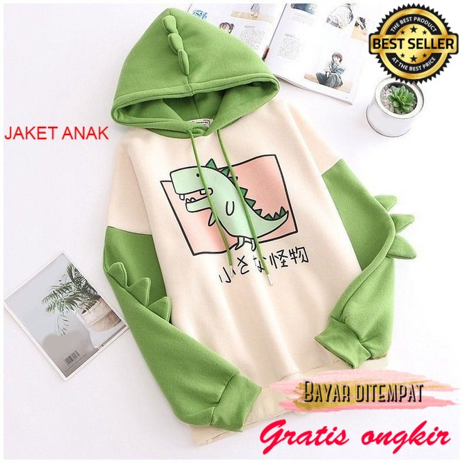 sd tk lucu korea pria wanita Sweater anak perempuan CUTE GREEN DINOSAURUS HOODIE sweter anak cewe tr