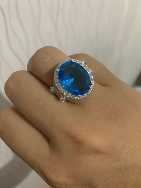 Cincin Perak Akik Topaz Sky Blue Cutting Mewah Berkelas