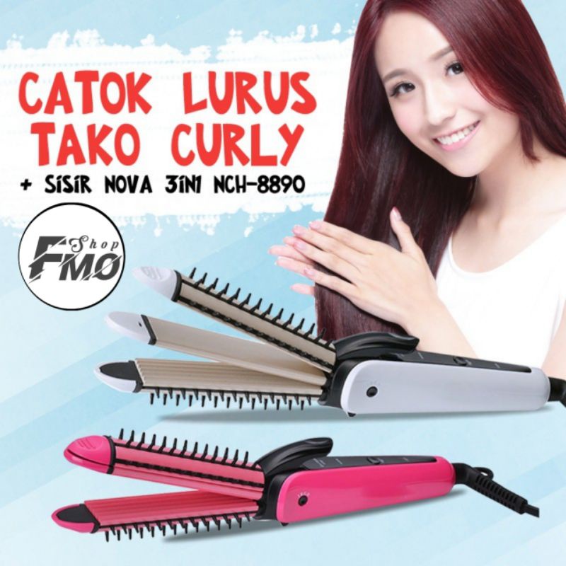 Catok Rambut 3 in 1 Staight Curly Taco Lurus Gelombang dan Keriting Catokan Rambut NHC 8890 Dengan Sisir