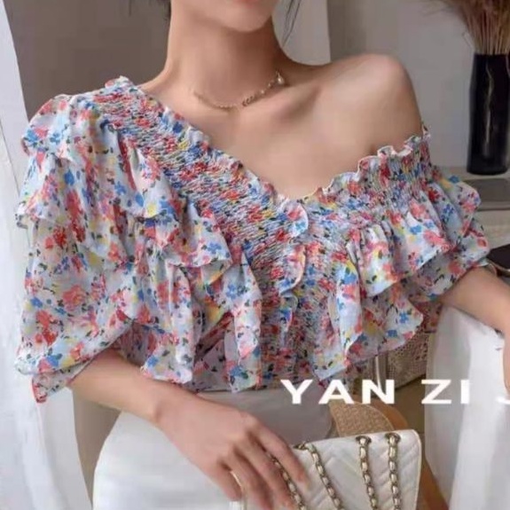 2534 Baju atasan blouse SMOCKED kerah Sabrina Vneck kerja santai Korean style wanita import baju ata