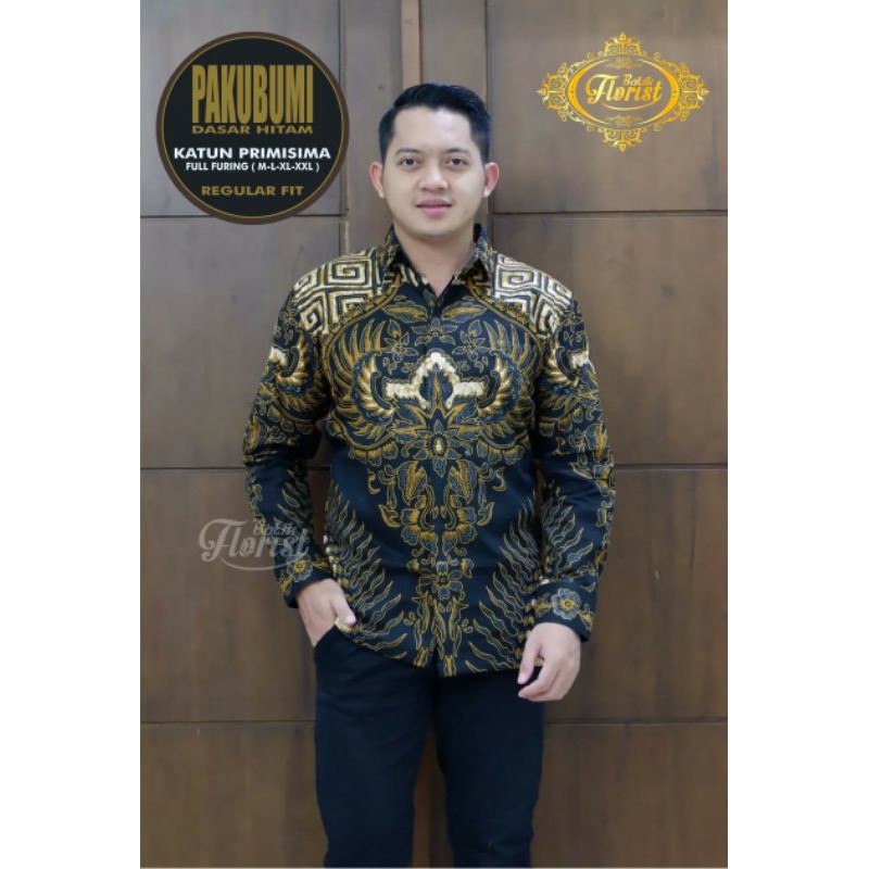 Kemeja Batik Lengan Panjang Pria PAKUBUMI DASAR HITAM  Bahan Katun Full Furing