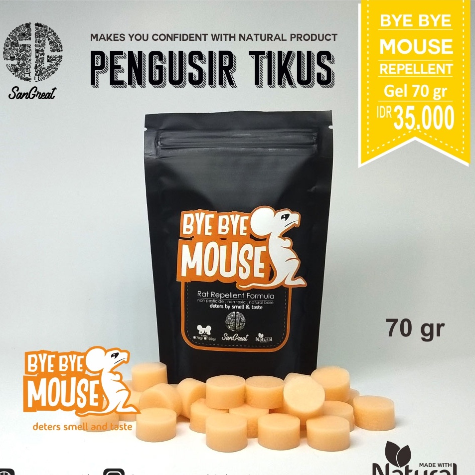 Kapur barus kamper anti tikus curut organik alat Pengusir tikus curut alami  non pestisida anti tikus penangkal tikus rat repellent Bye Bye Mouse gel 70 gr siap tebar wangi segar di rumah untuk mesin mobil, mesin cuci, kulkas dan tikus got