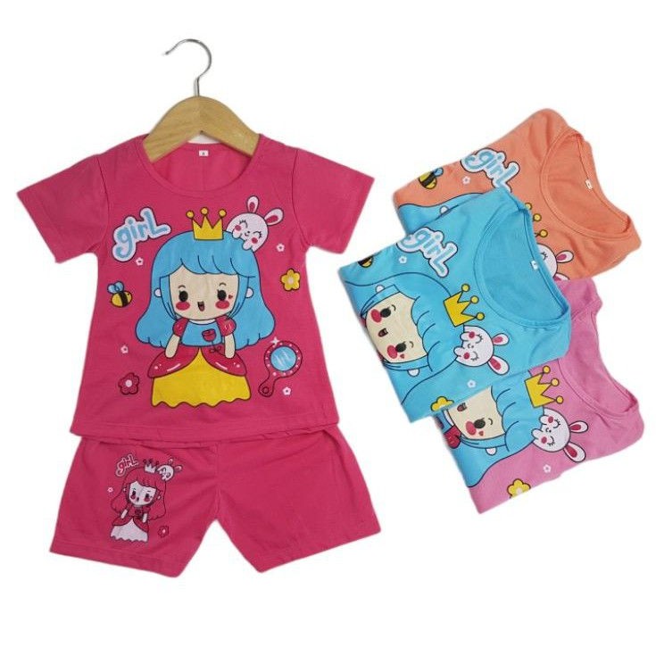 SETELAN SIKUNING PAKAIAN BAJU ANAK PEREMPUAN 2-7 TAHUN MOTIF GIRL WARNA PINK FANTA PEACH BIRU