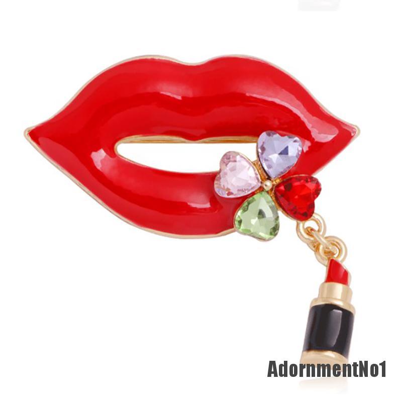 (Adornmentno1) Bros Pin Bentuk Bibir Merah Aksen Berlian Imitasi Untuk Wanita