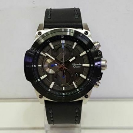 jam tangan Alexandre Christie AC 6587 leather pria silver black original