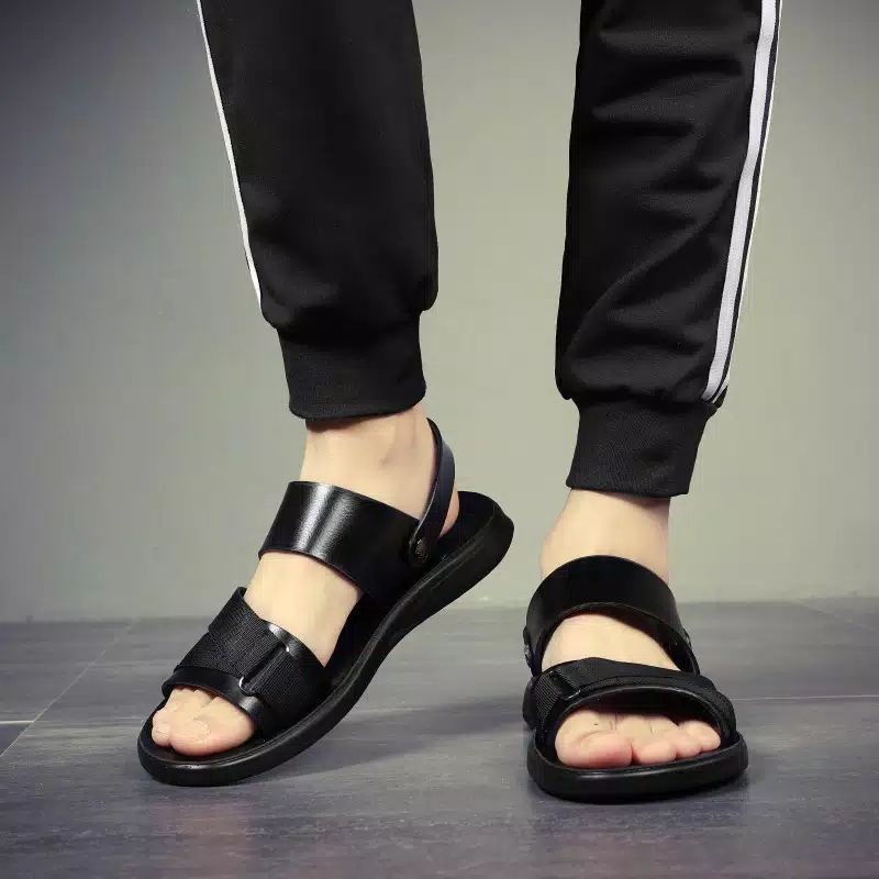 SANDAL PRIA SLIDE KULIT PU WARNA HITAM BRAVELEY