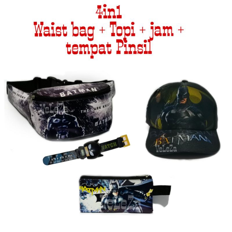Paket 4in1 anak Waist bag anak superhero + topi + jam + tempat Pinsil