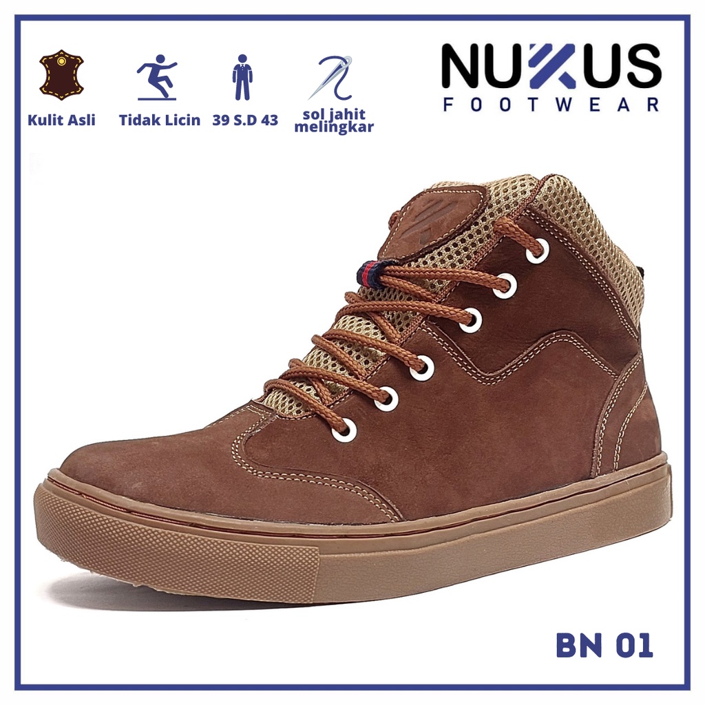 Nukus Footwear Sepatu Boots Pria Hiking Touring High Kulit Sapi Asli Nubuck Coklat Tua - BN01