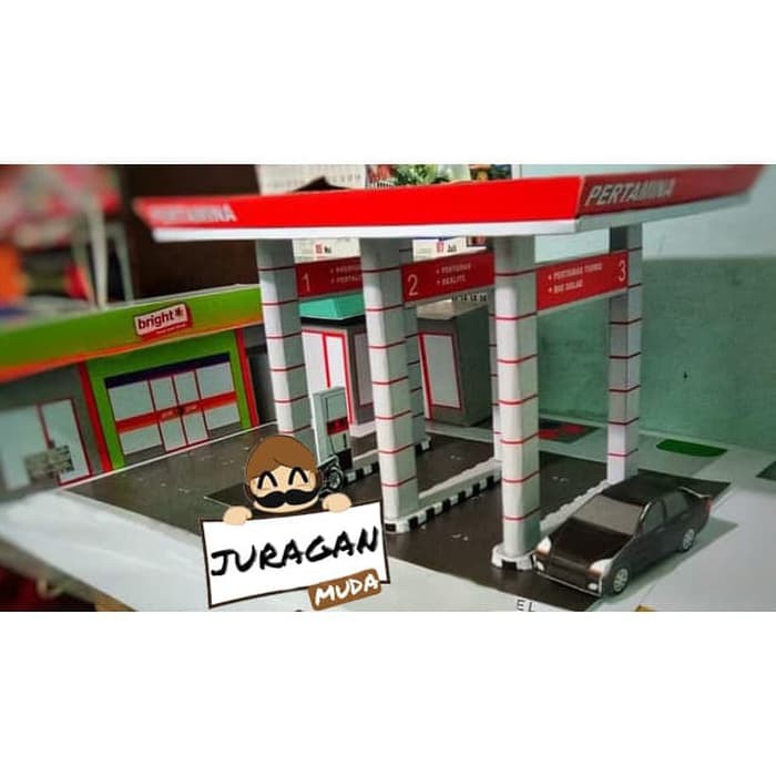 DIY Miniatur Papercraft SPBU Pertamina Plus 2 Totem Merah dan Biru