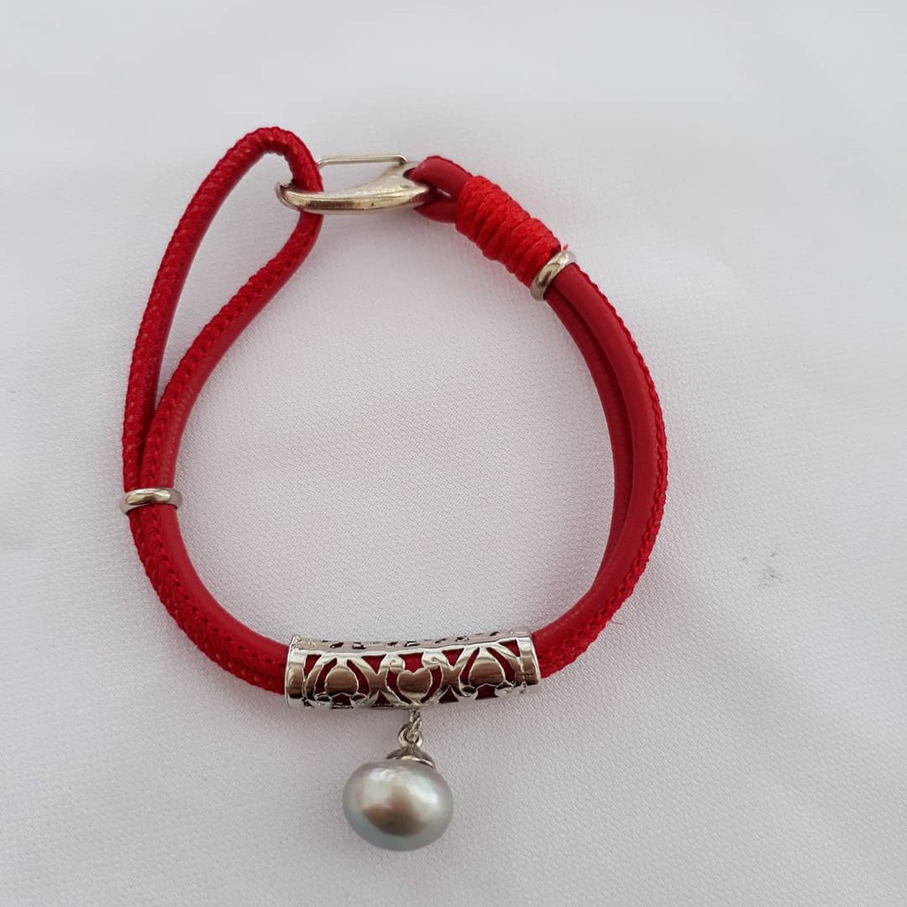 gelang kulit sintetis mutiara air tawar abu