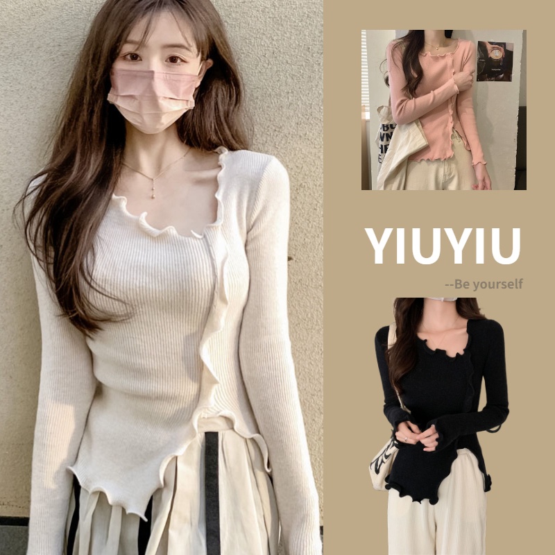 YIU YIU Rajut - Knit Crop Top Korean Style Lengan Panjang Sweater Polos Rajut