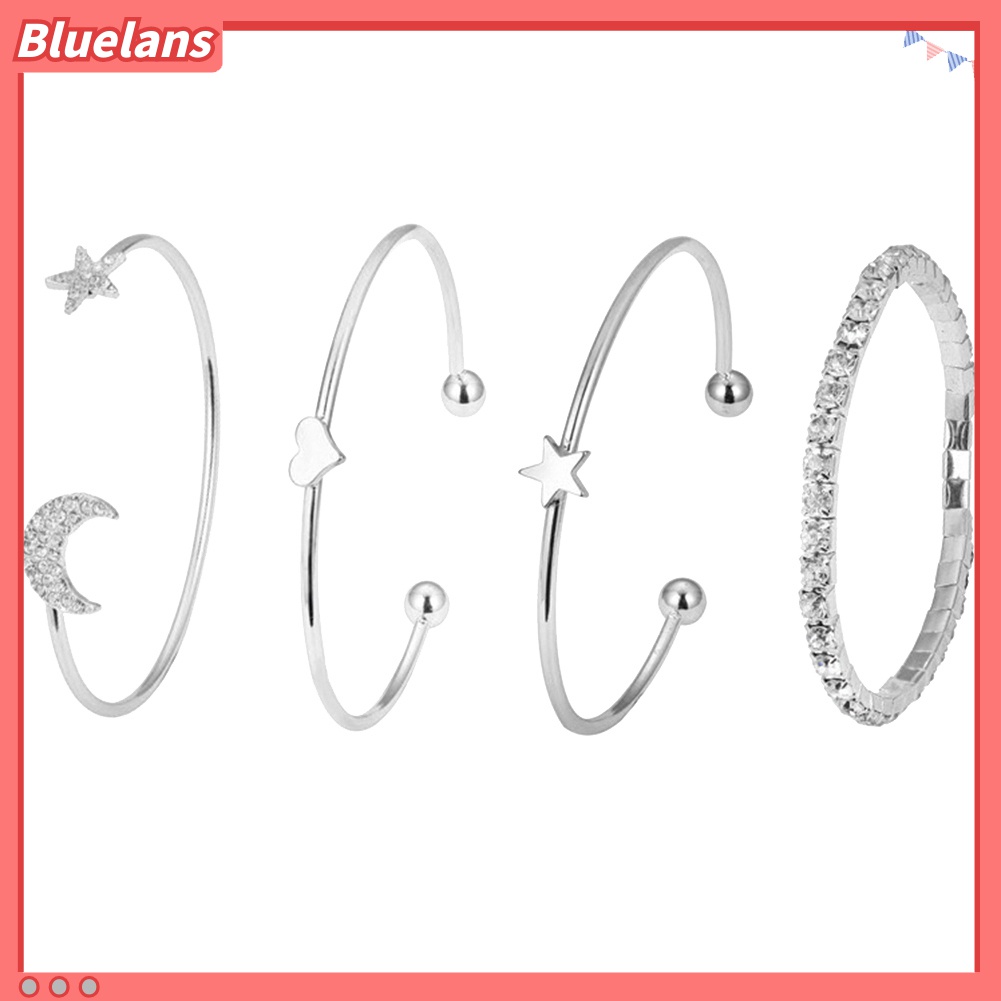 4pcs / Set Gelang Bangle Desain Bulan Bintang Hati Aksen Berlian Imitasi Untuk Wanita