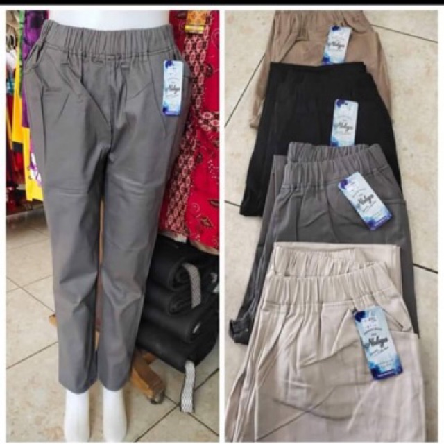 Baggy pants wanita full pinggang karet katun twill stretch melar celana wanita kekinian