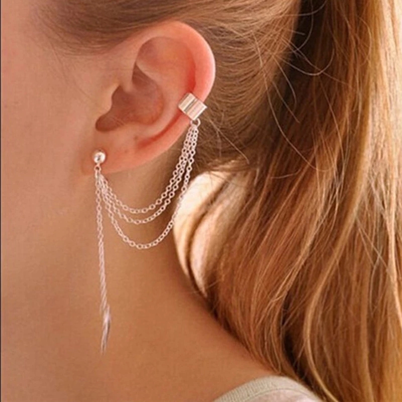 1 Piece Fashion Metal Leaf Tassel Earrings / Women  Ear Clip Ear Cuff / Gold Silver Color Punk Earrings Pendientes Jewelry Gifts