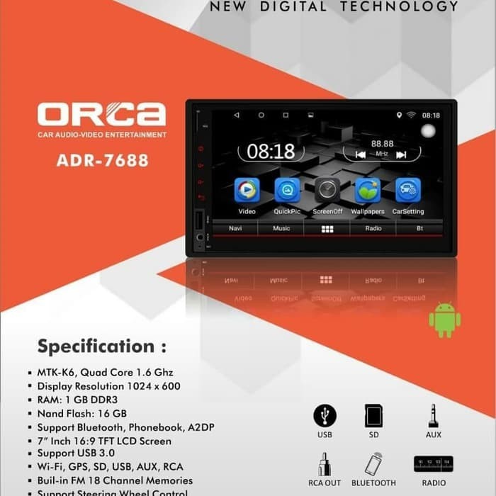 TV MOBIL HEAD UNIT DOUBLE DIN ORCA ADR 7688 ANDROID