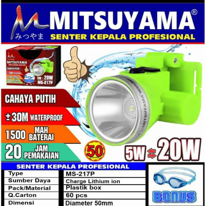 Senter kepala Selam LED 20W MITSUYAMA Headlamp bonus Kacamata selam