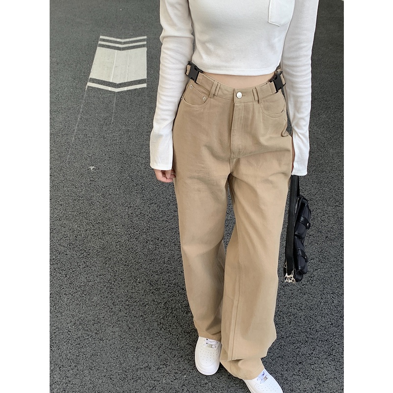 Suhao Khaki Celana Jeans Kaki Lebar Tinggi-Rise Longgar Celana Panjang Lurus