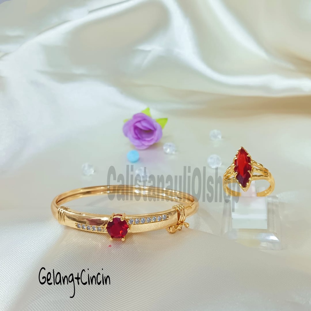 SET DEWASA KRISTAL MERAH MANIS PERHIASAN EMAS  KOREA ANTI KARAT DAN ANTI LUNTUR