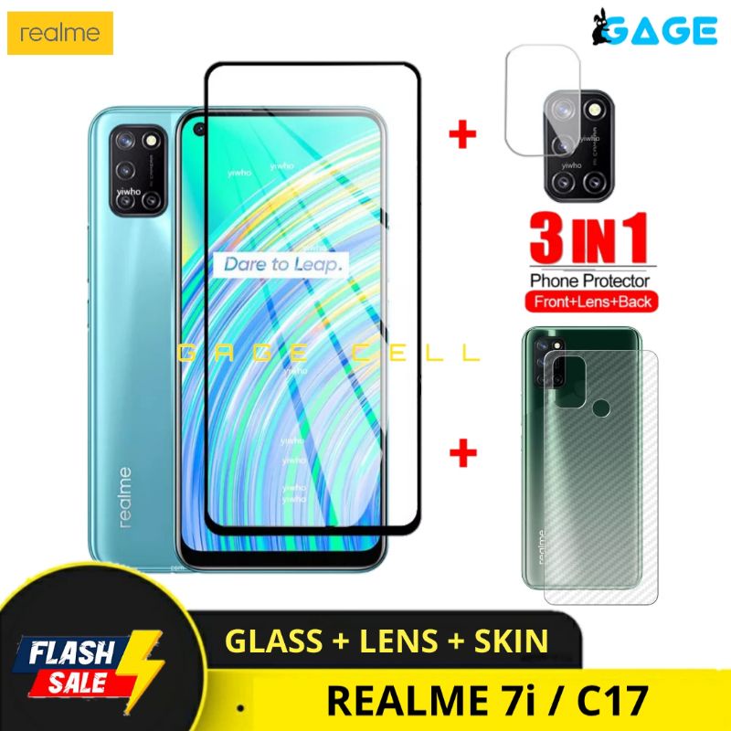 3IN1 TEMPERED GLASS LAYAR KAMERA SKIN CARBON REALME 7i C17 TG ANTI GORES FULL SCREEN PROTECTOR