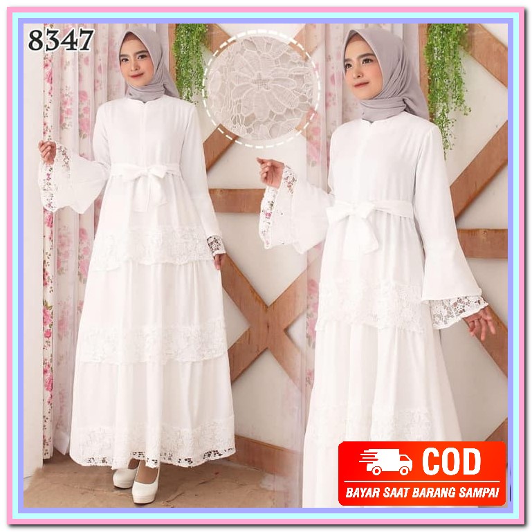 Bulusseller | Humaira Gaun Pesta Muslimah Mewah Mermaid Cream Par JJ362 Gamis Renda Rok Susun Baju G