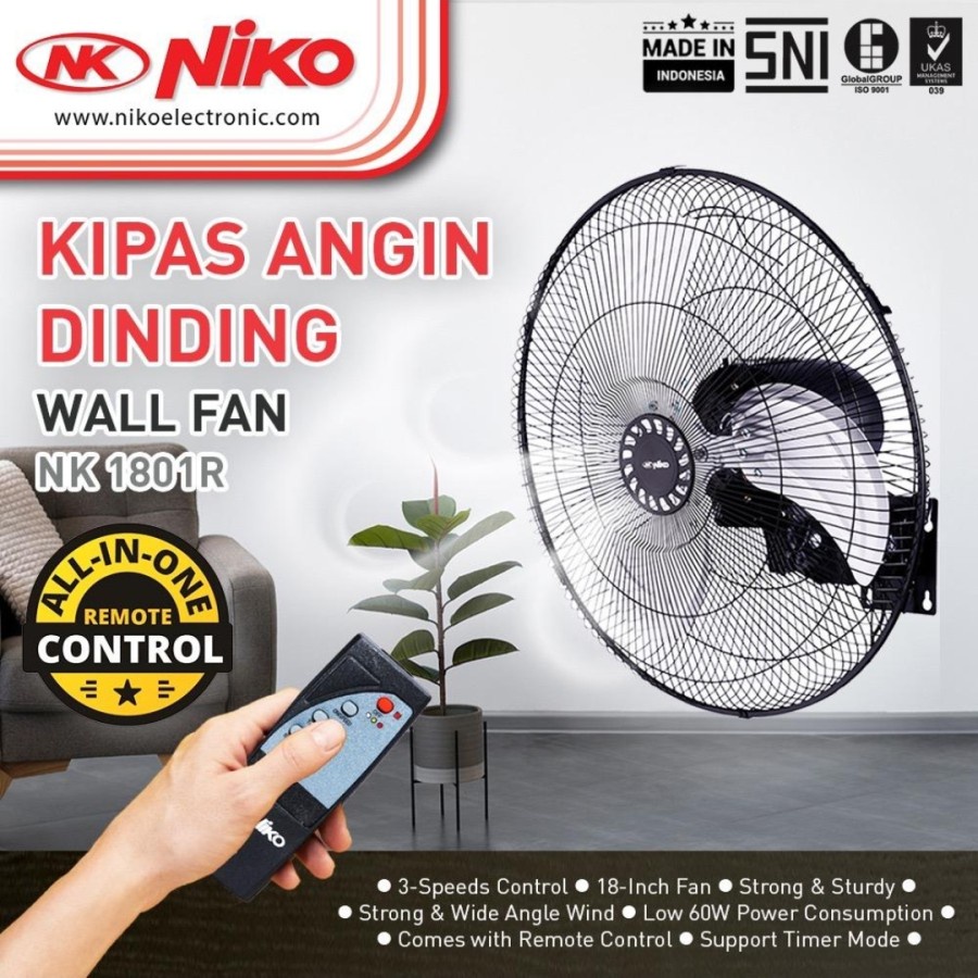 Kipas Angin Dinding Besi Niko/Wall Fan Niko 18 inch NKW1801R + Remote Terbaru