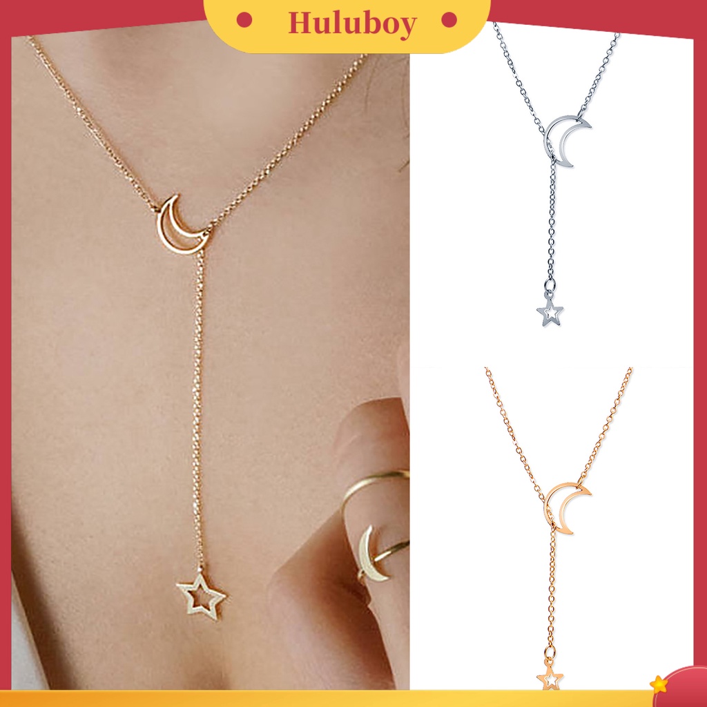 Hu Hu Hu Hu Hu Alat Bantu Pasang Kacamata♡ Kalung Liontin Bulan Bintang Hollow Bahan Alloy Stainless Untuk Wanita