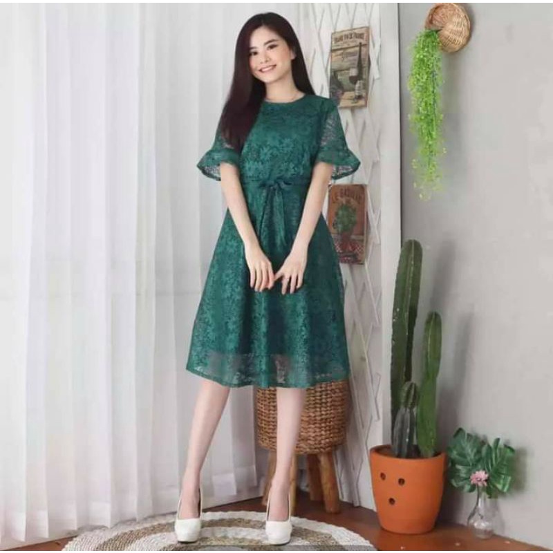 Dress pesta brukat modern S M L XL XXL ~ Dress brukat mewah tali pinggang ~ Dress pesta kondangan