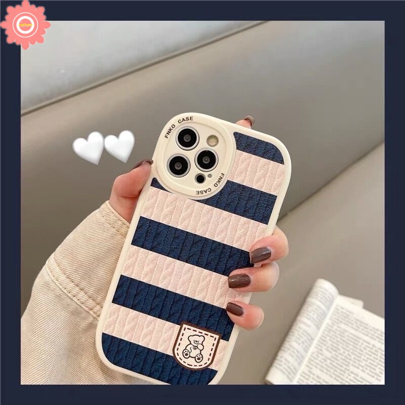 Case Beruang Kartun Lucu Redmi Note10 8 9 9s 10s 11Pro 11 11s 9pro 10pro Max Redmi 12C 10 9T 9A 9 10C 9C NFC POCO M3 X3 Pro X3 NFC Rajut Motif Garis Splicing Lembut TPU Cover