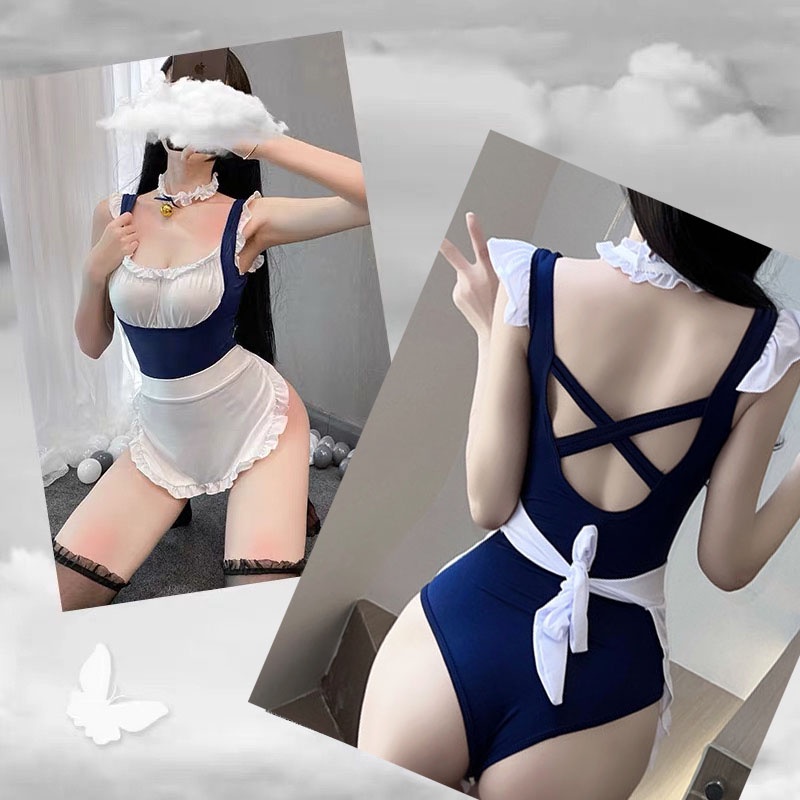 Wanita Lingerie Sexy hot Open Crotch Jumpsuit Seragam Cosplay Pembantu Bodysuit 3A536