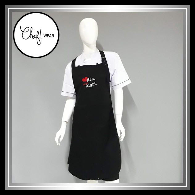 Chef Wear Apron / Celemek Full Hitam Bordir Mrs. Right