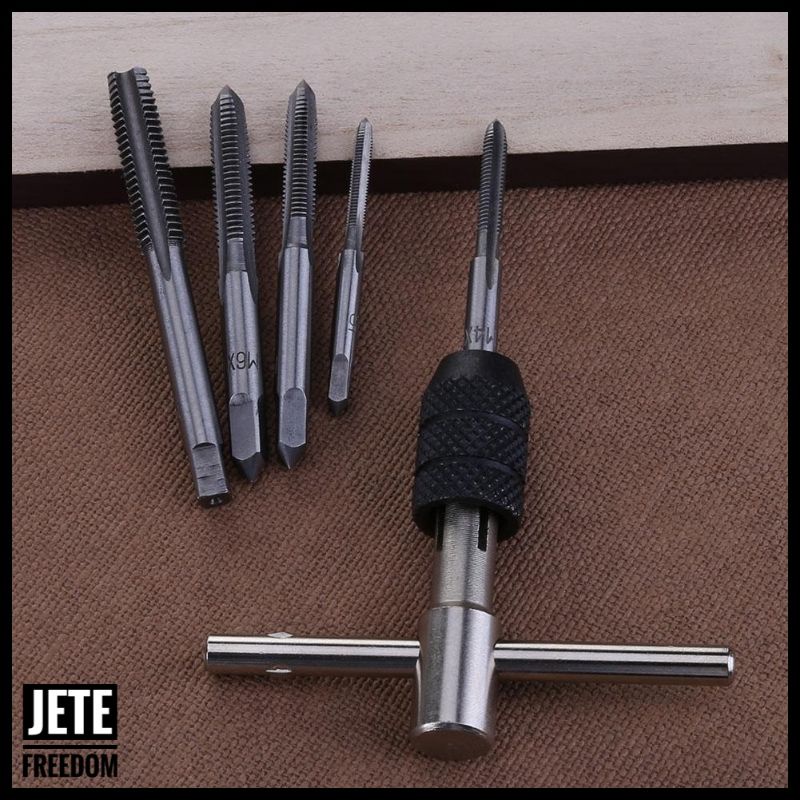 Alloet Hand Tap M3 M4 M5 M6 M8 Plus Gagang SET 6 PCS Mata Bor Wrench Drill Bit Hand Tapping Twist Bit Melubangi Baja Perkakas Petukangan Tools