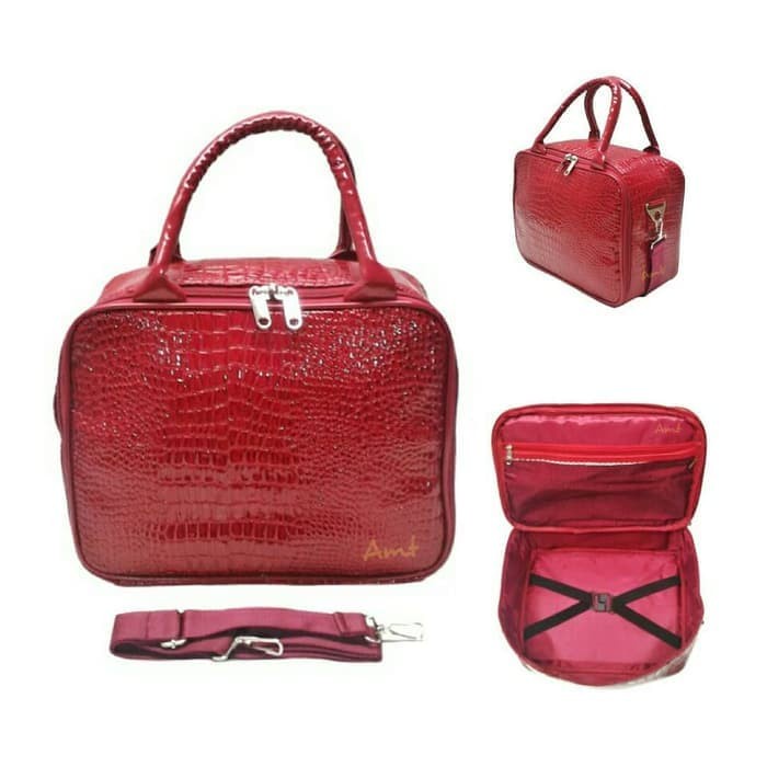 ༺ COD AKTIF ༻ AMT Tas Kosmetik /Tas Travel Mini Slempang Kulit Sintetis Croco - Maroon