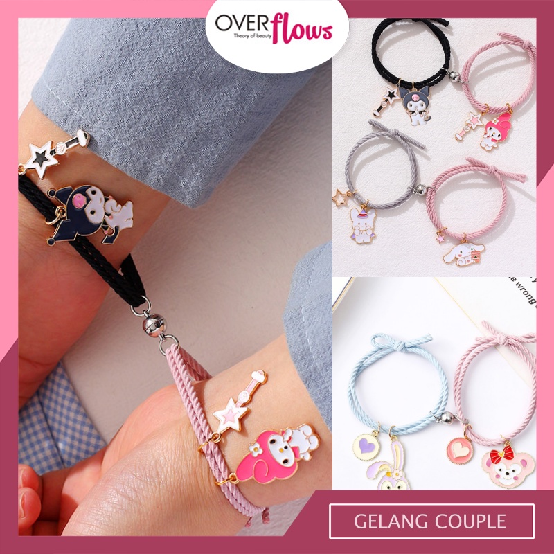 OVERFLOWS.ID 2Pcs Sepasang Gelang Tali Karet Magnet Desain Astronot Kuromi Cinnamorol Untuk Pria Dan Wanita