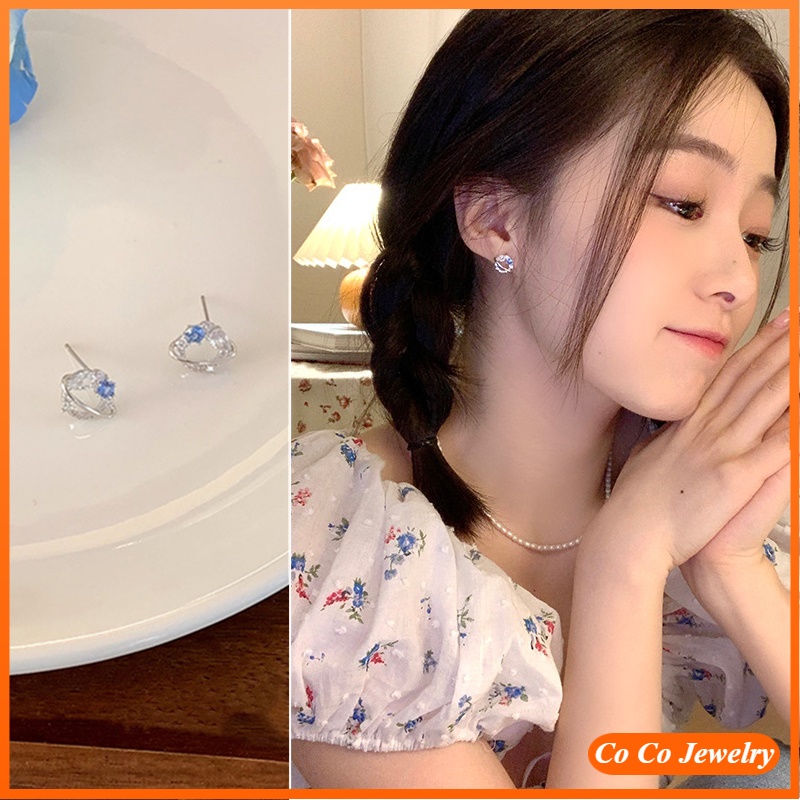 Anting Tusuk Sterling Silver 925 Desain Planet Hias Zircon Biru Gaya Korea Untuk Wanita