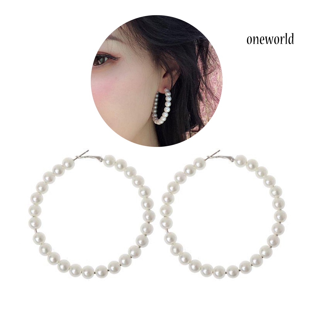 OW@ Elegant Lady Faux Pearl Big Circle Dangle Hoop Earrings Statement Jewelry Gift