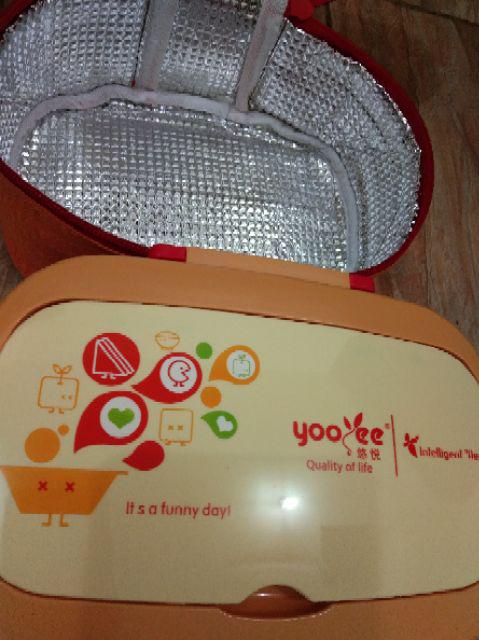 Lunch Box Yooyee 591 Orange Green Free Bag - Kotak Bekal 2 Susun