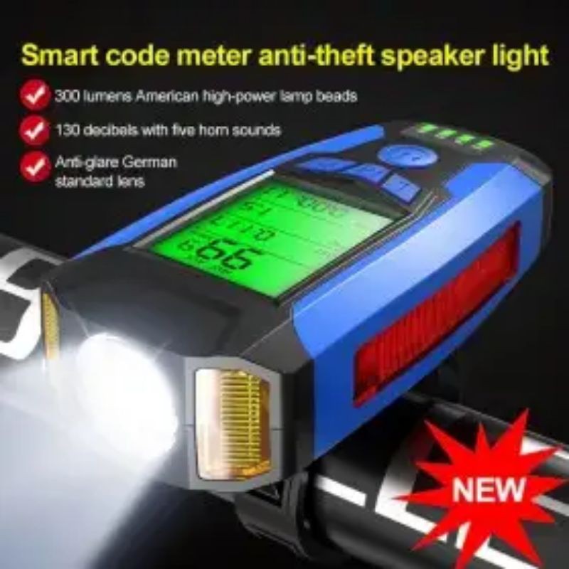 Lampu Sepeda + Klakson + Speedometer 4 in 1Rechargeable 1200mAh - AS0808 - Black