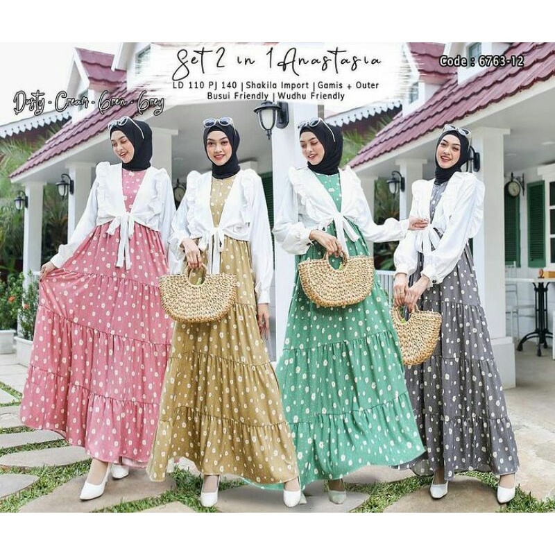 Anastasia Set 2 In 1 Dress Muslim Lebaran 2022 Polkadot Cantik Kekinian Long Dres Import Terbaru Bus