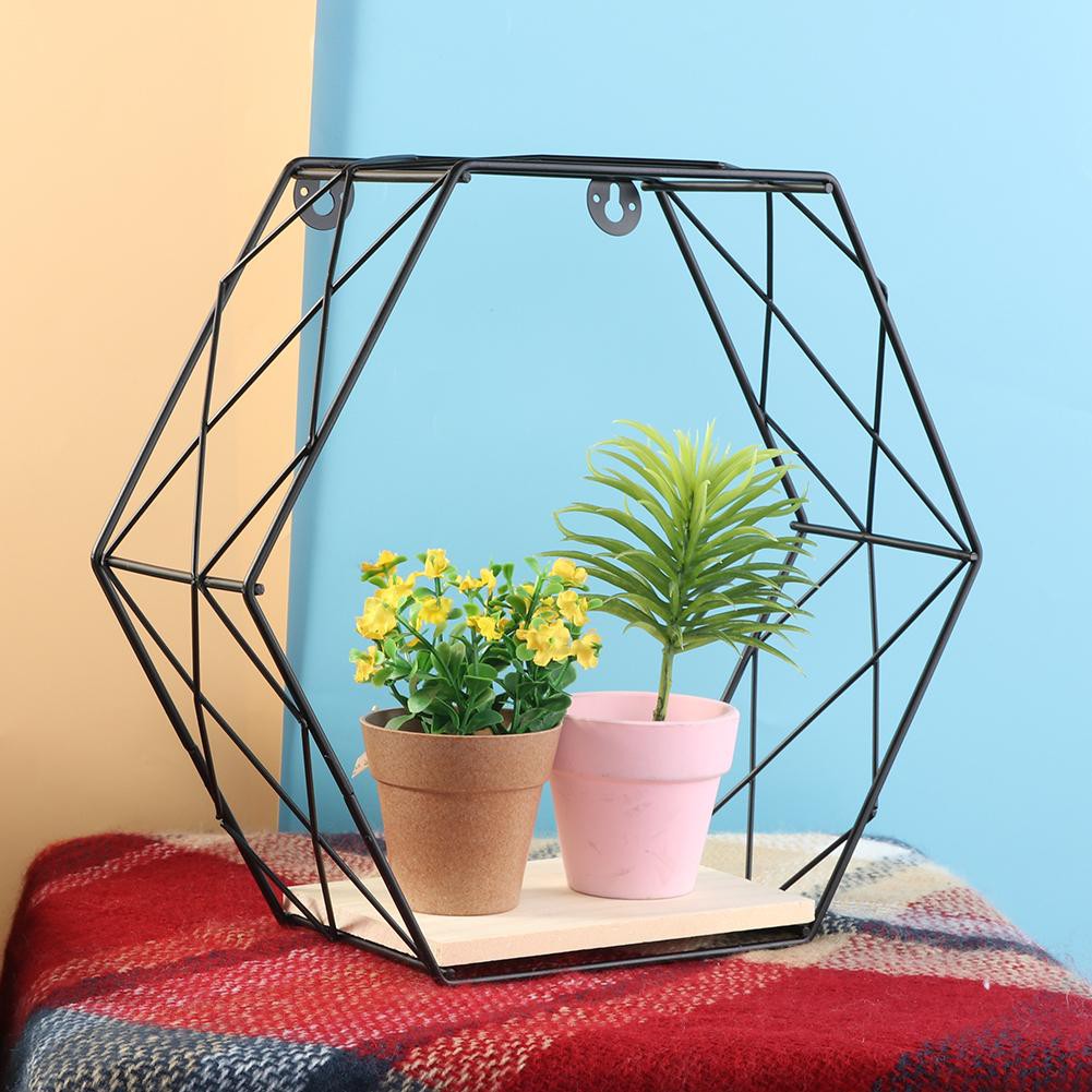 Iron Hexagonal Grid Wooden Storage Rack Metal Wall Hanging Display