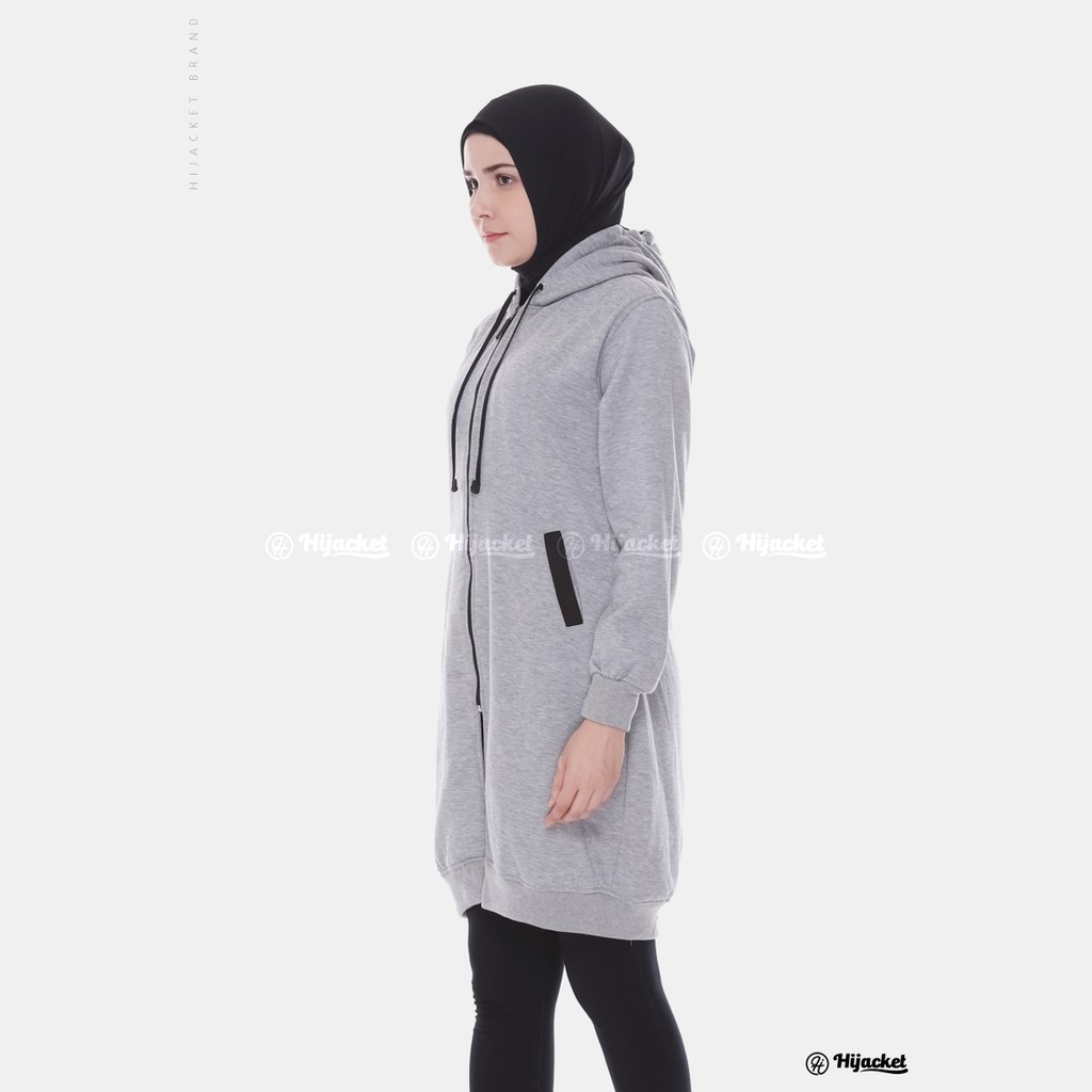 Jaket Sweater Wanita Muslimah Hijaber - Hijacket Basic Grey - Switer Hoodie Outwear Panjang Hijabers-HJ-13 Grey X Black
