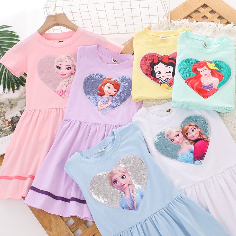 2-9Yrs Frozen Dress Anak Perempuan Biru Dress Elsa Anna Princess Putih Gaun Payet Lengan Pendek