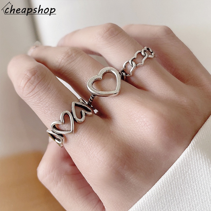 IFYOU 3pcs / set Cincin Jari Bentuk Hati Model Hollow Warna Silver Untuk Wanita