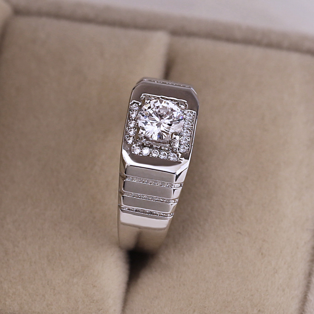 Cincin Pasangan Kristal Berlian Platinum Pria Wanita Fashion Stainless Steel Perak Couple Rings