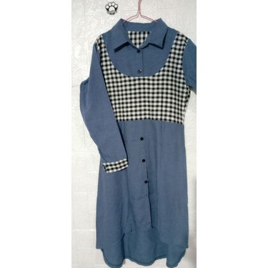 Dress kotak abu biru dress misi Korean style