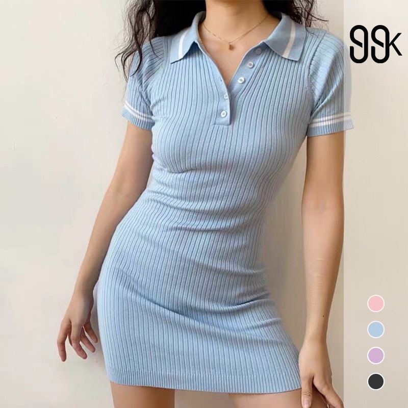 Korean Knit Bodycon Collar Mini Dress Wanita Rajut 2527