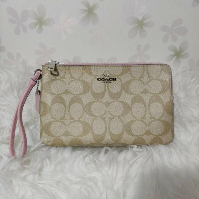 ORIGINAL Dompet Coach Large Double Zip Wristlet Sign Khaki Carnation