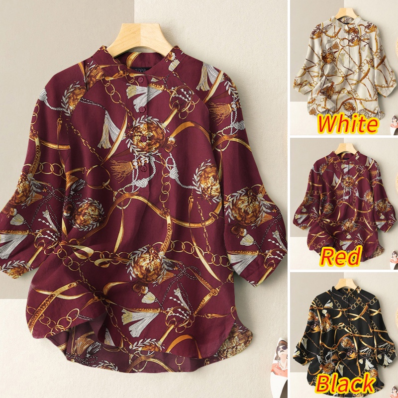 ZANZEA Womens Fashion Casual O Neck Chains Printed Daily Loose Blouse