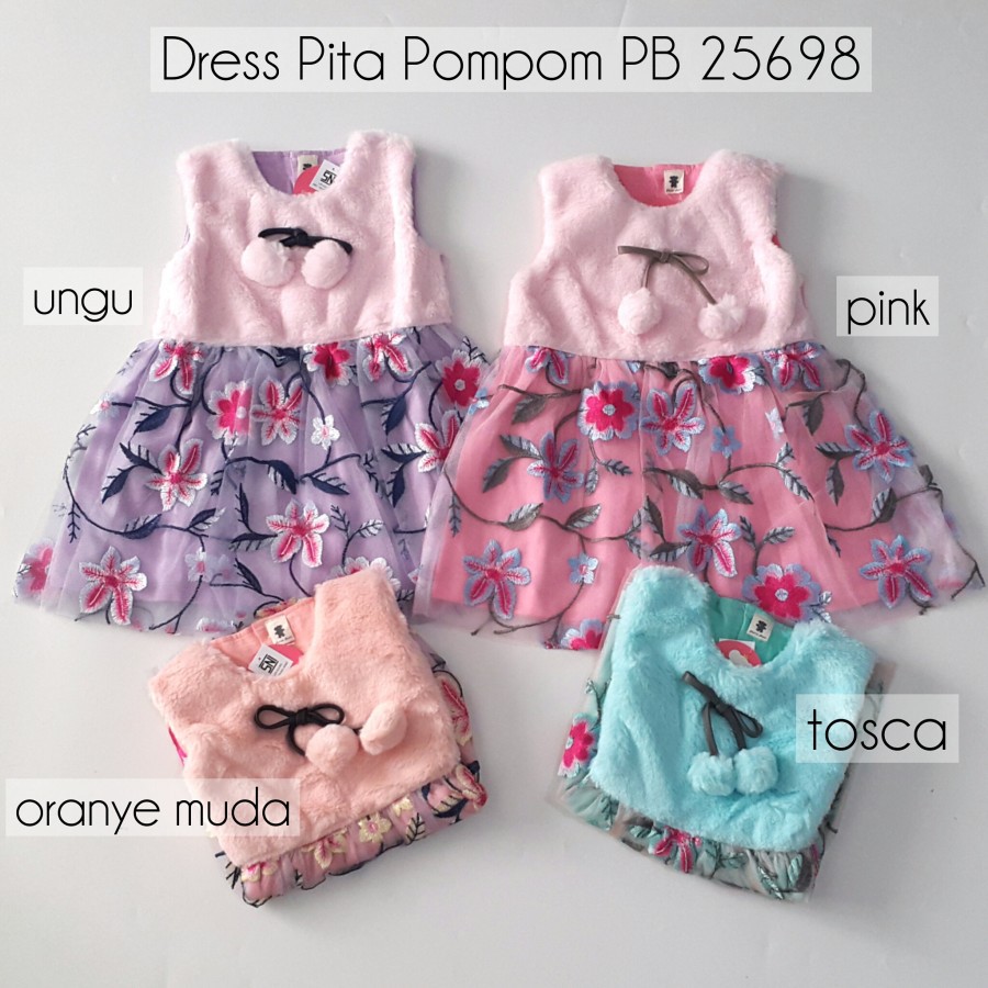 Baju Dress Gaun Pesta Anak Perempuan Tali Pompom Allsize Utk Sekitar Usia Umur 9 - 18 Bulan