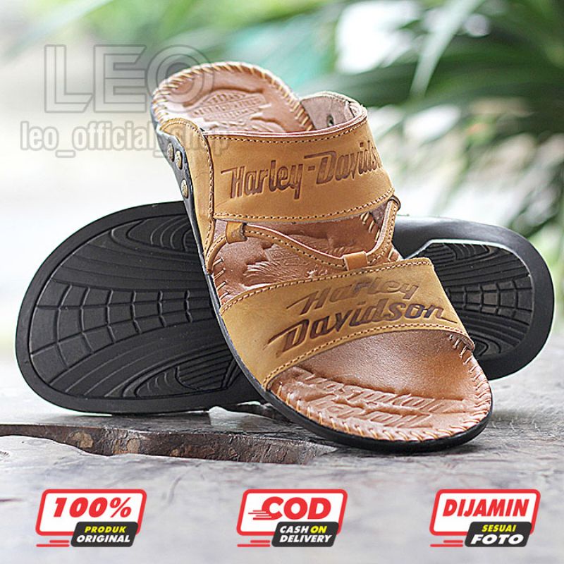 Sandal Kulit Harley Davidson Full Up Kulit Gosok Sendal Kulit Asli Pria Sandal Slop Casual / Sendal Jepit Herley Slide Hitam Coklat - SH03